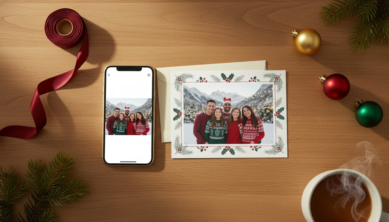 A phone photo and finished Christmas card sit on a holiday table with envelopes and pine sprigs.
