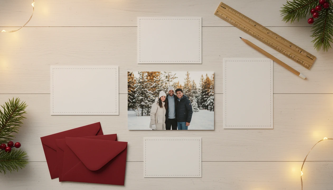 A holiday photo is shown beside different blank card sizes with crop guides, envelopes, and printing tools.