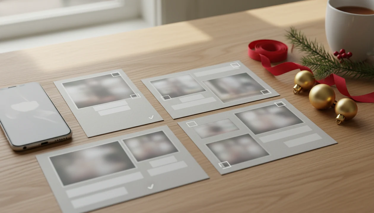 A phone and printed Christmas card layout proofs are arranged on a festive desk for choosing the best photo fit.