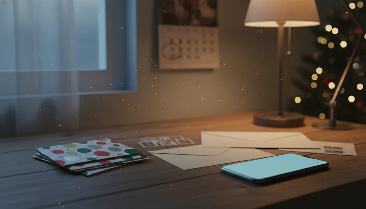 A stack of holiday cards and a glowing phone sit on a desk near a blurred December calendar.